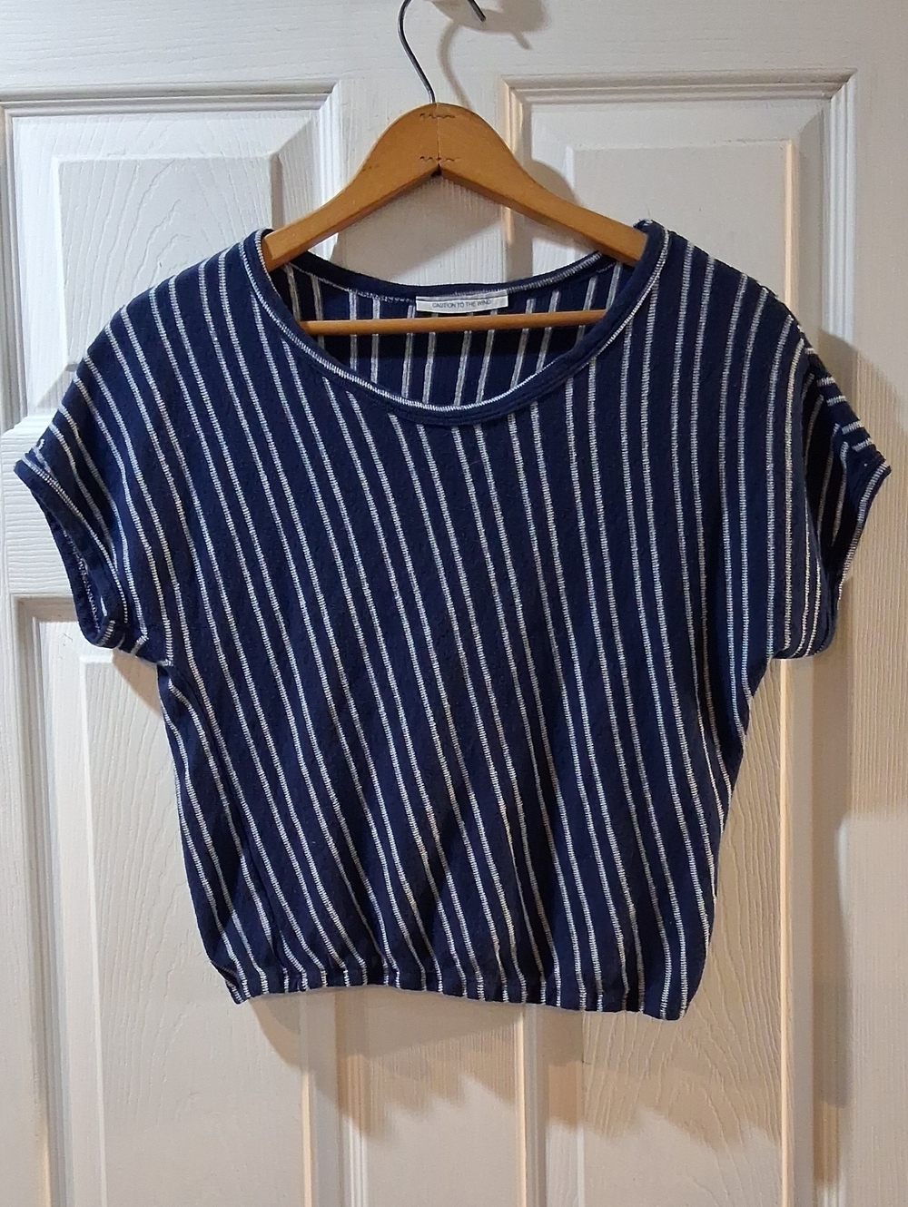 Caution To The Wind Navy and White Striped Cropped Knit Tee